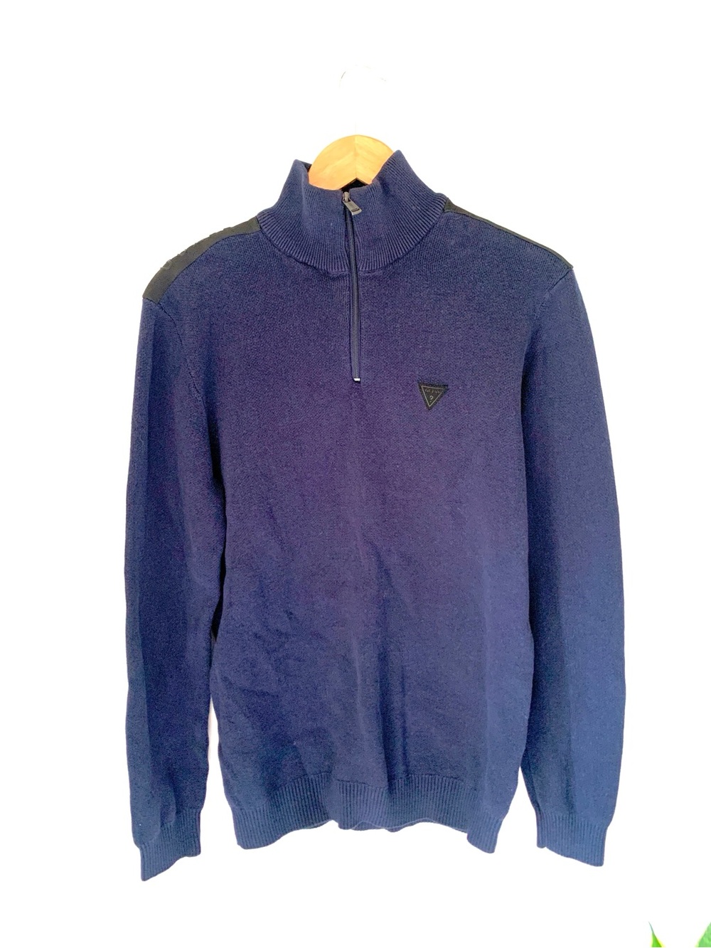 Guess Men's Navy Half-Zip Sweater with Black Shoulder Panels